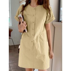 Buttons Up Double Pocket Thigh Length Casual Dress