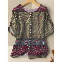 Women Random Floral Print Patchwork Button Front Short Sleeve Blouse