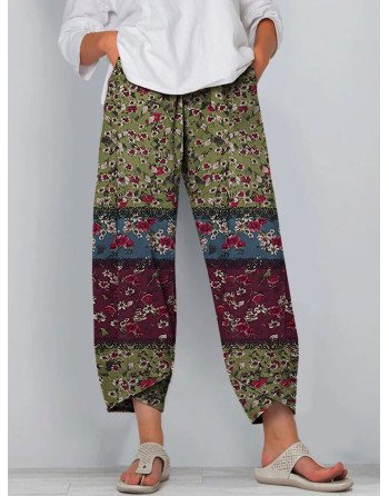 Women Allover Floral Print Patchwork Irregular Cuff Cropped Pants