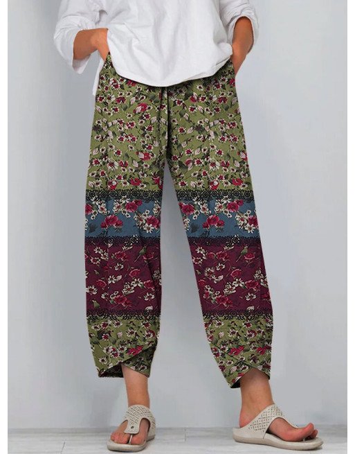 Women Allover Floral Print Patchwork Irregular Cuff Cropped Pants