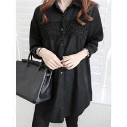 Lace Patchwork Long Sleeve Button Front Lapel Shirt