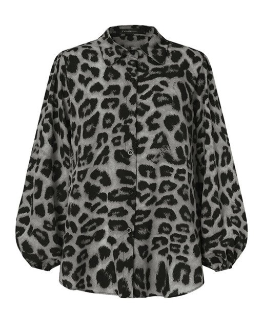 Women Leopard Print Lantern Long Sleeves Button Casual Blouse