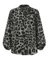 Women Leopard Print Lantern Long Sleeves Button Casual Blouse