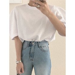 Puff Sleeve Crew Neck Solid Keyhole Back Blouse