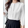 Dot Print 3/4 Sleeve Button Crew Neck Blouse