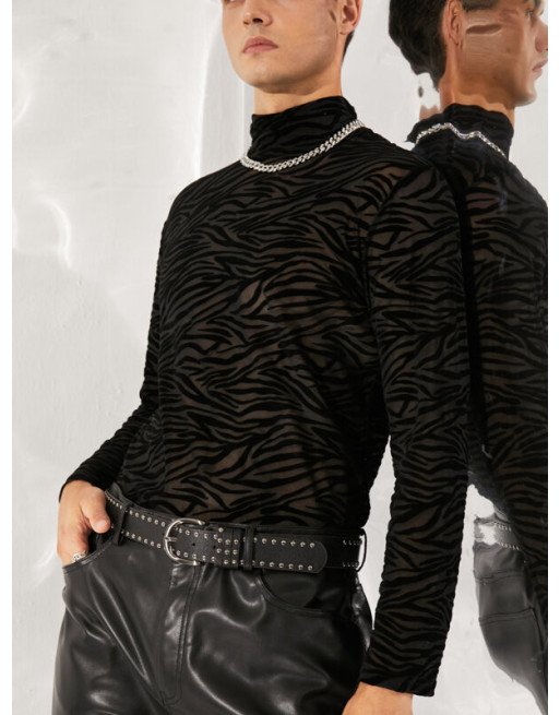 Men Sexy See Through Zebra Print T-Shirt