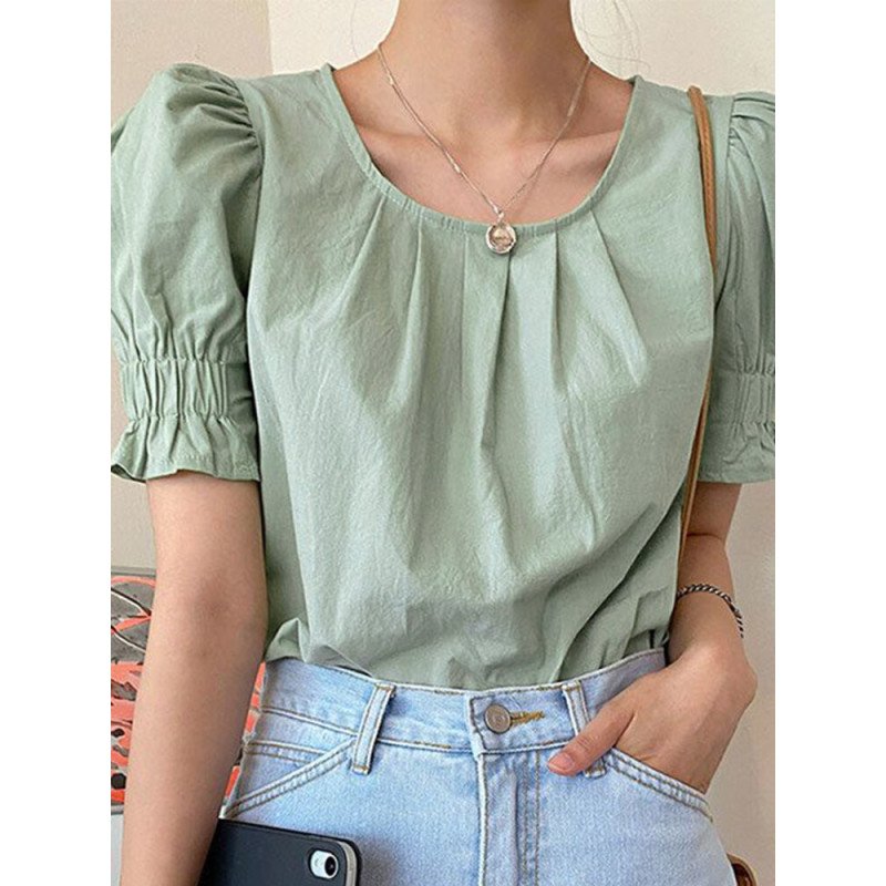 Puff Sleeve Solid Crew Neck Blouse For Women