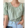 Puff Sleeve Solid Crew Neck Blouse For Women