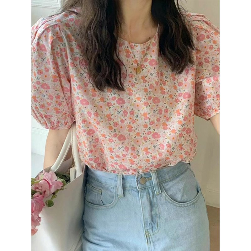 Floral Print Puff Sleeve Crew Neck Blouse For Women