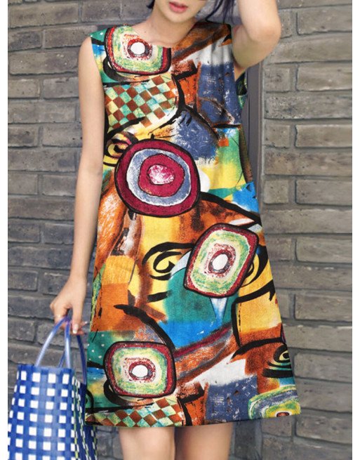 Women Abstract Print Crew Neck Cotton Sleeveless Dress
