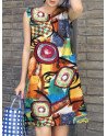 Women Abstract Print Crew Neck Cotton Sleeveless Dress