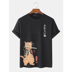 Mens Carp Warrior Cat Print Japanese Style Short Sleeve T-Shirts