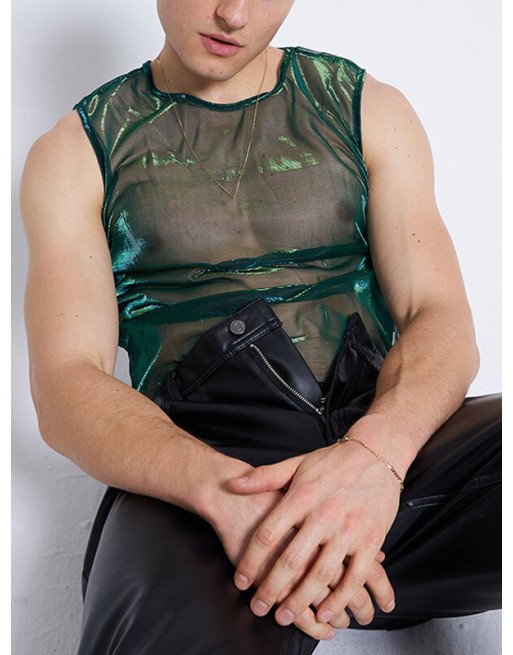 Men See Through Shiny Coating Crop Top