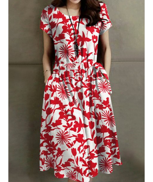 Flower Print Drawstring Pocket Short Sleeve Midi Dress