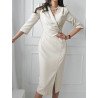 Women Solid Pleated Split Hem 3/4 Sleeve Blazer Dress