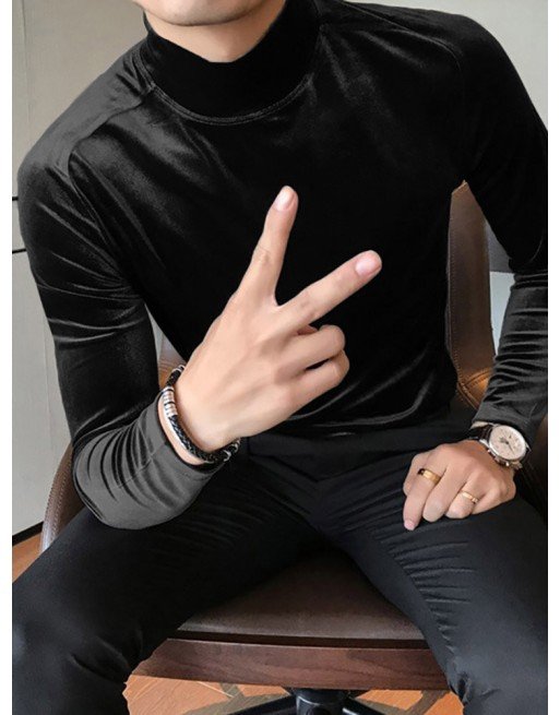 Men High Neck Velvet Long Sleeve T-Shirt