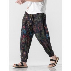 Mens Allover Ethnic Tribal Print Cotton Drawstring Waist Pants