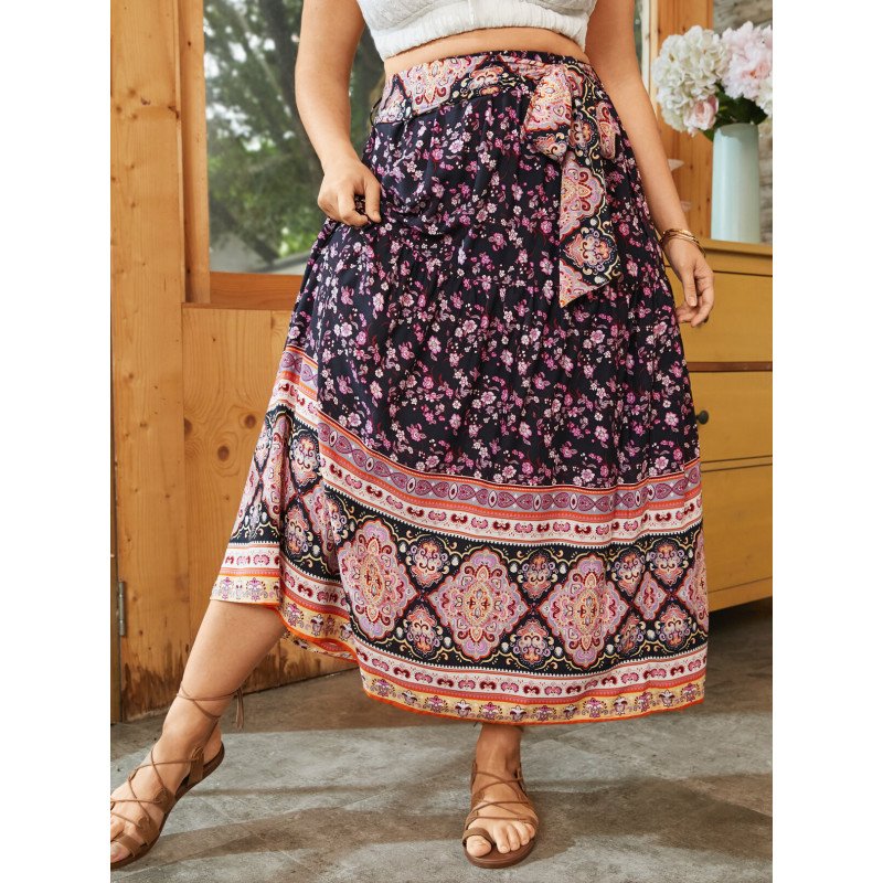 Plus Size Tribal Tie-up Patchwork Design Skirt