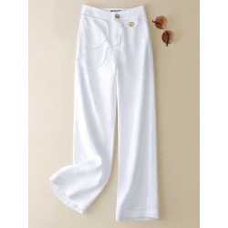 Women Solid Cotton Drawstring Waist Casual Straight Pants