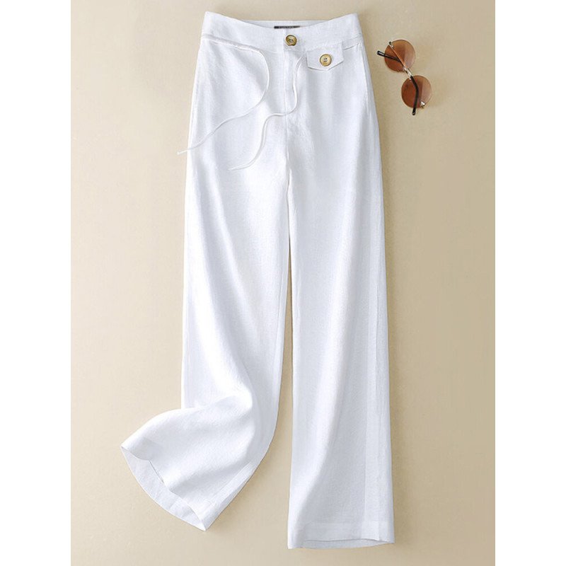Women Solid Cotton Drawstring Waist Casual Straight Pants