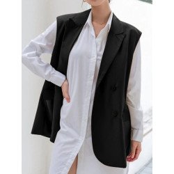 Solid Pocket Button Front Lapel Sleeveless Vest Jacket