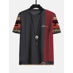 Mens Ethnic Geometric Pattern Patchwork Embroidered Short Sleeve T-Shirts