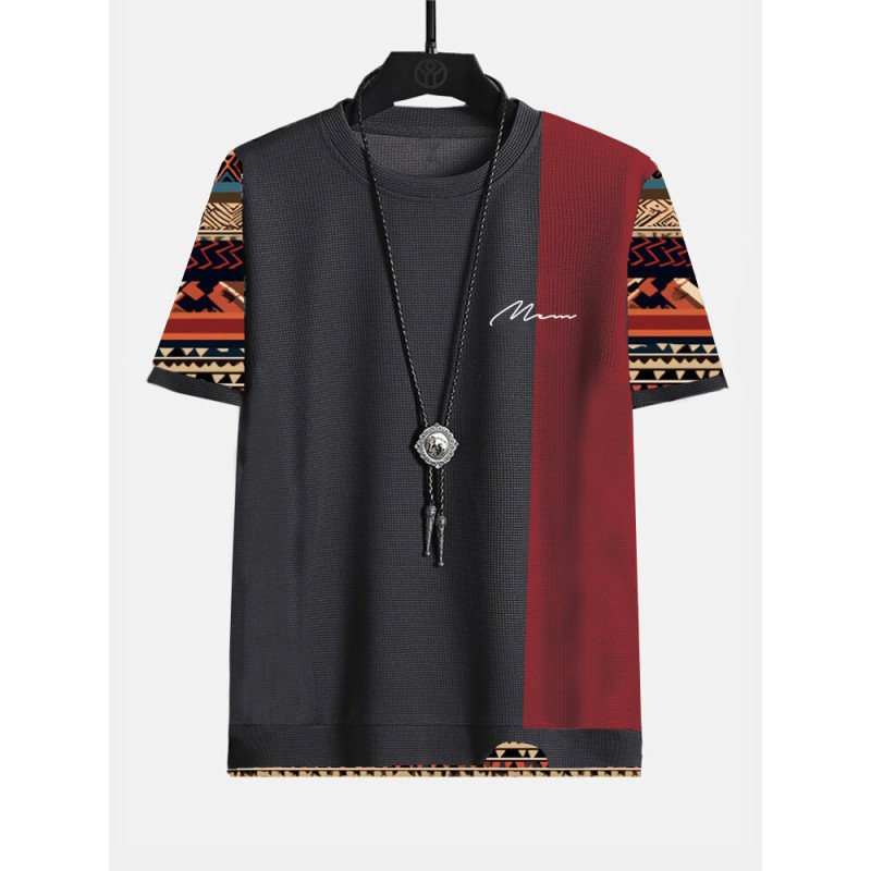 Mens Ethnic Geometric Pattern Patchwork Embroidered Short Sleeve T-Shirts