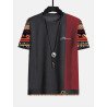 Mens Ethnic Geometric Pattern Patchwork Embroidered Short Sleeve T-Shirts
