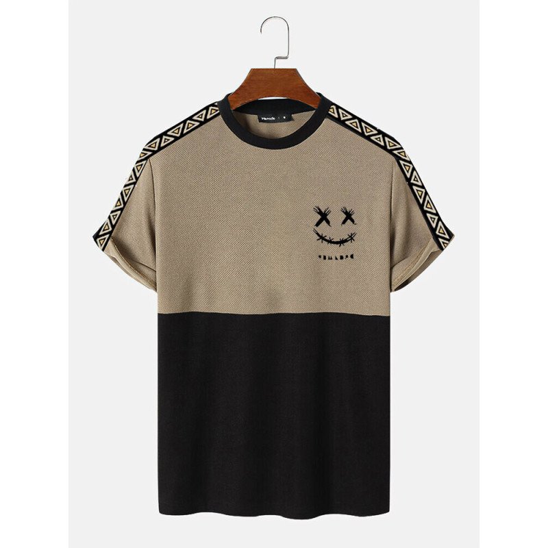 Mens Smile Face Geometric Print Patchwork Knit Short Sleeve T-Shirts