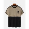 Mens Smile Face Geometric Print Patchwork Knit Short Sleeve T-Shirts