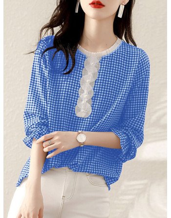 Check Print Long Sleeve Crew Neck Panel Blouse