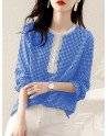 Check Print Long Sleeve Crew Neck Panel Blouse
