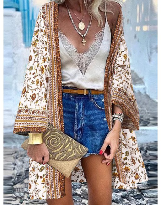 Bohemian Floral Print Long Sleeve Loose Kimono