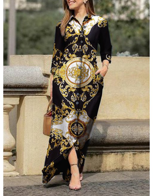 Tribal Pattern Lapel Pocket Button Down Shirt Maxi Dress