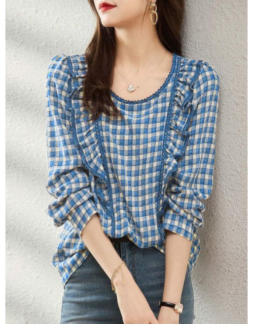 Check Lace Trim Ruffle Long Sleeve Crew Neck Blouse