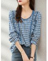 Check Lace Trim Ruffle Long Sleeve Crew Neck Blouse