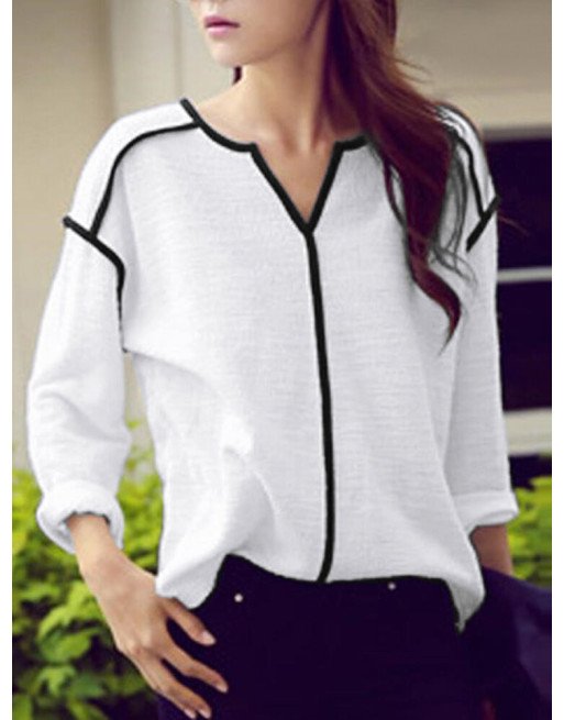 Contrast Long Sleeve V-neck Casual Blouse For Women