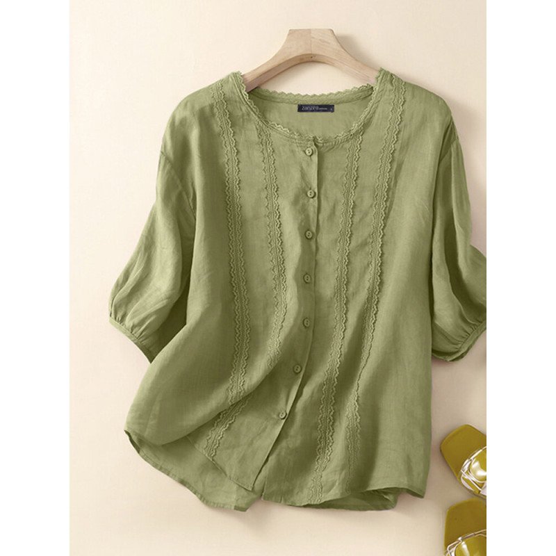 Women Lace Trim Plain Button Up Cotton 3/4 Sleeve Shirt