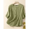 Women Lace Trim Plain Button Up Cotton 3/4 Sleeve Shirt