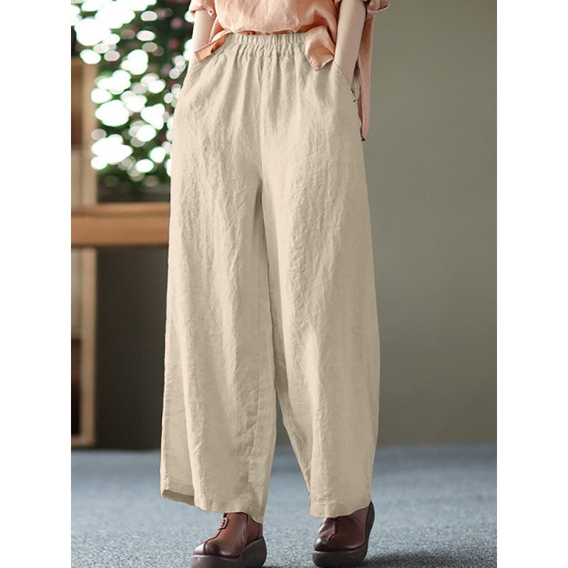 Solid Wide Leg Pocket Elastic Waist Cotton Pants