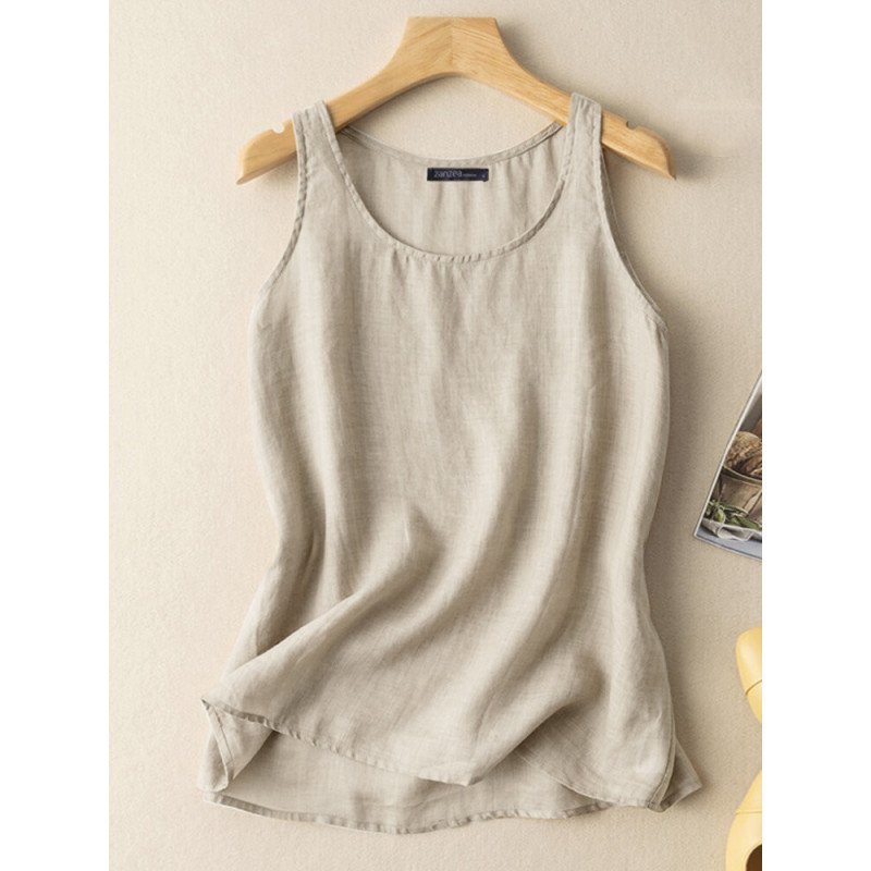 Solid Round Neck Sleeveless Casual Cotton Tank Top