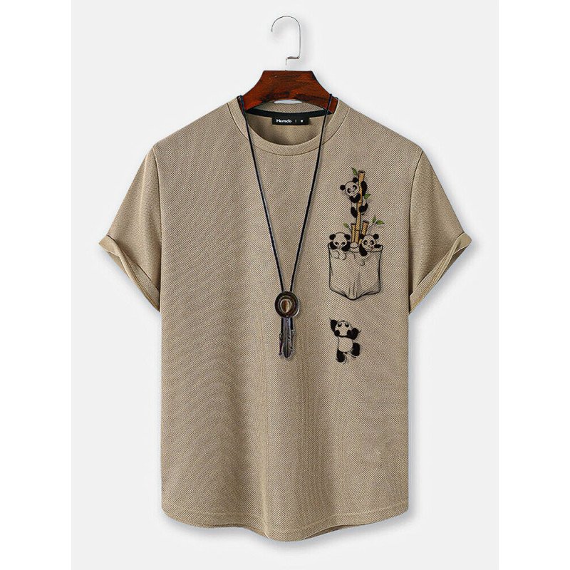 Mens Cartoon Panda Bamboo Print Knit Short Sleeve T-Shirts