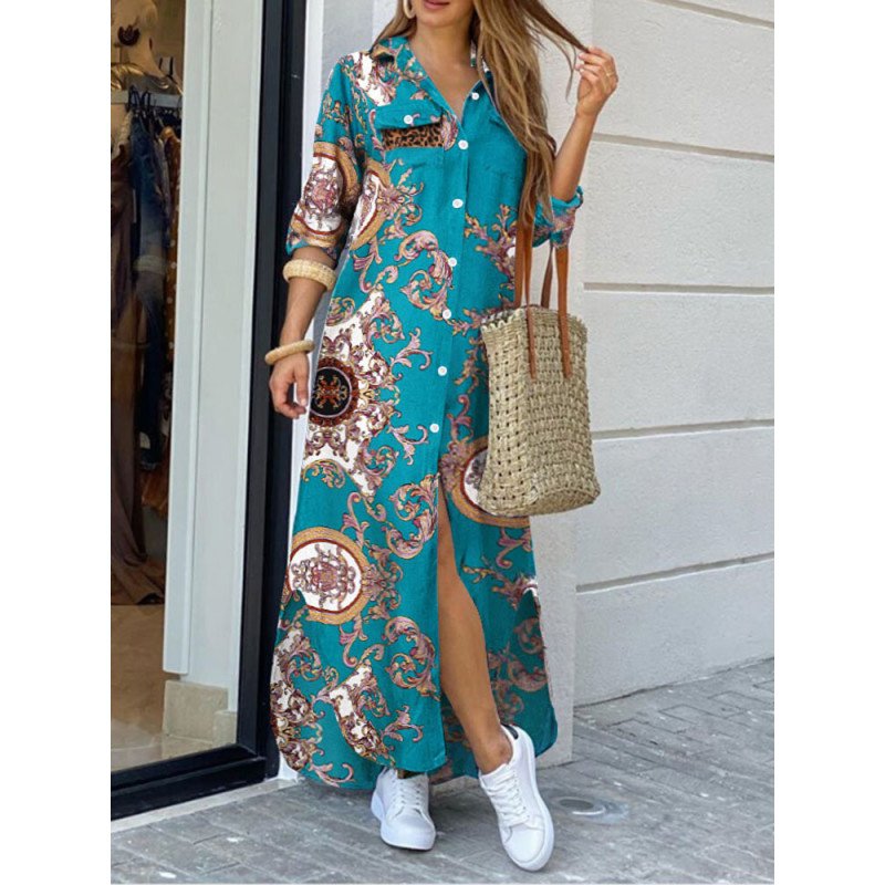 Tribal Pattern Long Sleeve Lapel Pocket Maxi Shirt Dress