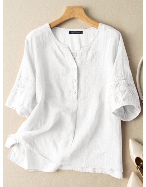 Women Lace Patchwork Solid Short Sleeve Casual Blouse