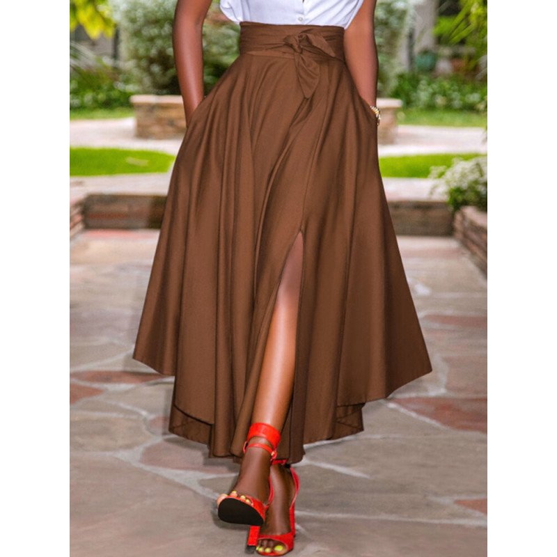 Solid Split Knotted Irregular Hem Casual Maxi Skirt