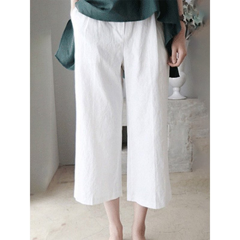 Solid Pocket Wide Leg Cropped Pants For Women