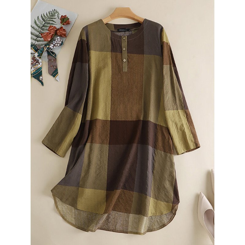 Check Pattern High-low Hem Long Sleeve Dress