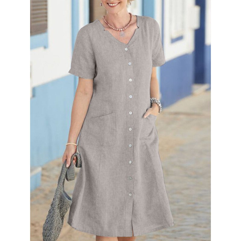 Women Solid Double Pocket Cotton Short Sleeve Shirt Dress