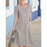 Women Solid Double Pocket Cotton Short Sleeve Shirt Dress