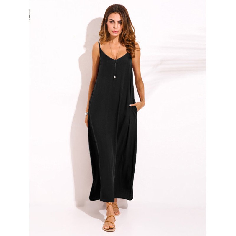 Sexy Women Bohemian Solid Color Backless V Neck Maxi Sundress